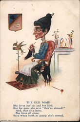 The Old Maid, She Loves Her Cat and Bird Caricatures Postcard Postcard Postcard