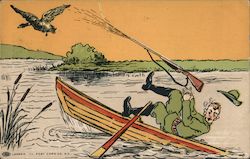 Man in hunting outfit shoots at bird and rocks his own boat Postcard