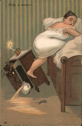 Woman Jumping Into Bed Because of Mouse Postcard