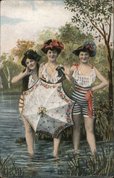 Three Women in Bathing Costumes Wading Postcard