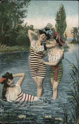 Three women in bathing suits and hats in a lake Postcard