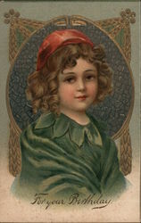 For Your Birthday - Little Girl in Green dress and Red Hat Postcard
