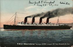 R.M.S. "Mauretania" Tonnage 32,000 Length 790 Feet Breadth 88 Feet Postcard