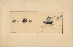 Drawing of Steamship and Sailboats Postcard