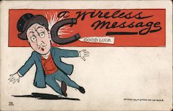 a wireless message, horseshoe thrown at man's head Postcard