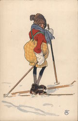 Skiing man in ushanka hat and suspenders Postcard Postcard Postcard