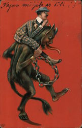 Rare Krampus Devil Carrying Man on Shoulders Postcard