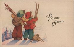 Bonne Anné - Little Skiers Stand on a Snowy Mountain Top Children Postcard Postcard Postcard