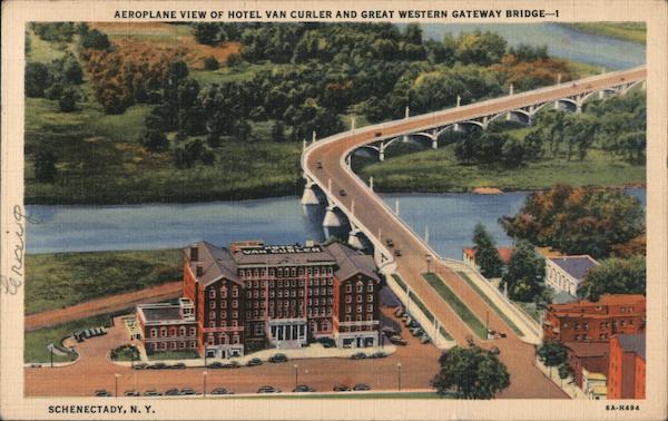 Aeroplane View of Hotel Van Curler and Great Western Gateway Bridge Schenectady New York