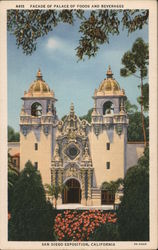 Facade of Palace of Foods and Beverages San Diego Exposition Postcard