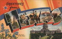 Greetings from Texas, State Flower and Capitol Postcard Postcard Postcard