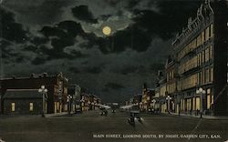 Main Street, Looking South, By Night Garden City, KS Postcard Postcard Postcard
