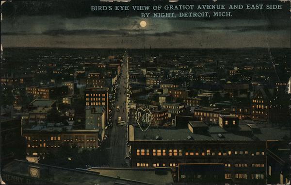 Bird's Eye View of Gratiot Avenue and East Side By Night Detroit Michigan