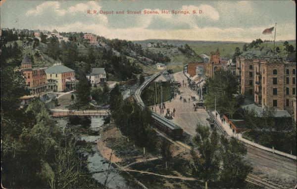 Railroad Depot and Street Scene Hot Springs South Dakota