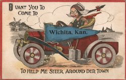 Dutch Girl in Motor Car with Wichita Pennant Postcard
