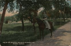 Woman on Horse, One of the Most Beautiful Drives in Riverside Park Wichita, Kansas Postcard