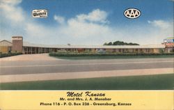 Motel Kansan, Mr. and Mrs. J.A. Menoher, P.O. Box 326, 16 Units Modern, Wall-to-Wall Carpeting Postcard