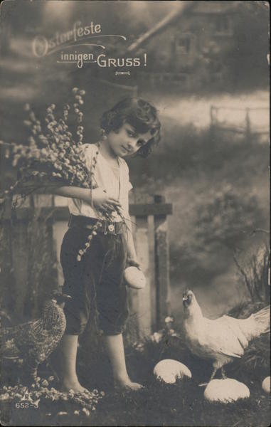 German Easter Greetings - Child with Eggs, Chicken