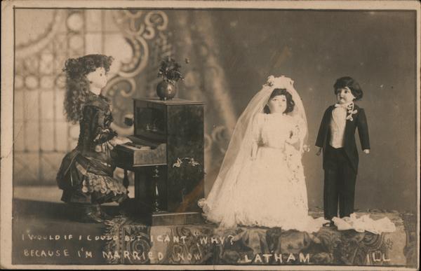 Bride and Groom in Front of Piano Latham Illinois Dolls