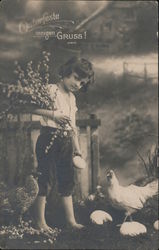 German Easter Greetings - Child with Eggs, Chicken Postcard