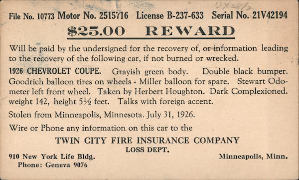 Stolen Chevrolet Coupe Minneapolis Minnesota Reward Cards