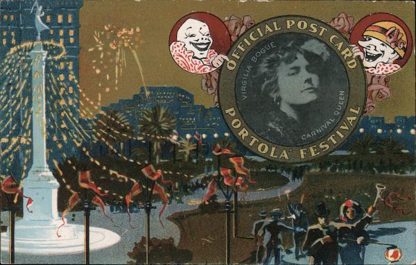 Official Post Card Portola Festival A View of Union Square Illuminated At Night Carnival Queen Virgilia Bogue