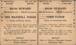 $50.00 Reward for Stolen L Maxwell Sedan and $50.00 Reward for Stolen Ford-Tudor Peoria, IL Reward Cards Postcard Postcard Postcard