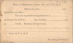 Hall of Berkeley Lodge, No. 270, IOOF Postcard