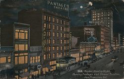 Market Street By Night, Showing Pantages and Strand Theatres Postcard