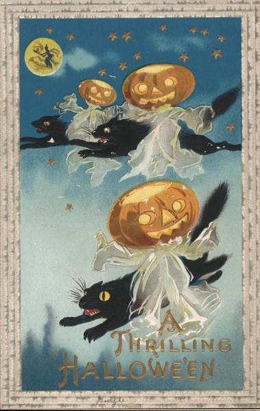 A Thrilling Halloween Flying Black Cats and Punpkins