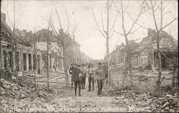 British & Belgian Soldiers in a Ruined Flanders World War I
