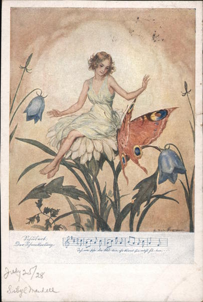 Woman sitting on A flower with a Butterfly Fantasy