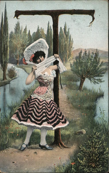 The letter T - Woman in striped skirt with a scarf