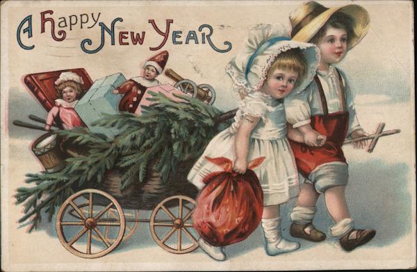 A Happy New Year -- Children Walking with Wagon & Toys
