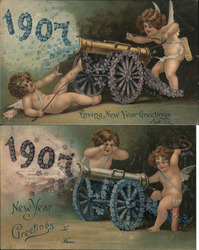 Set of 2 1907 Cherubs with Canon Postcard