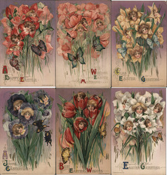 Set of 6: Fantasy Easter Flowers w/Women's Heads Samuel L. Schmucker Postcard Postcard Postcard