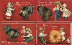 Set of 4 Children with Turkeys Postcard