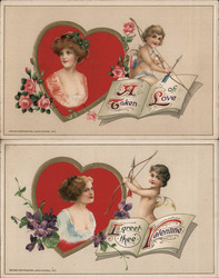 Set of 2 Women in Hearts with Cupid Samuel L. Schmucker Postcard Postcard Postcard