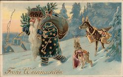 Santa Claus with Toy Sack and Deer Postcard