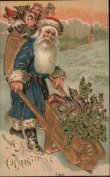 A Merry Christmas -- Blue Santa Carrying Toy Sack Postcard