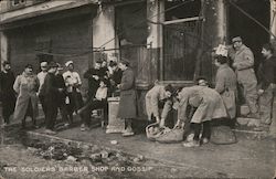 The soldier's barber shop and gossip Postcard