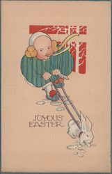 Joyous Easter -- Girl with Bunny on a Leash With Children Postcard Postcard Postcard