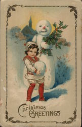 Christmas Greetings -- Child with Snowball and Snowman Postcard