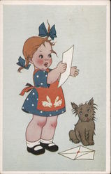 Little girl opening a letter and a small dog Cartoons Postcard Postcard Postcard