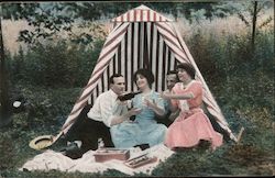 Two Couples Picnicing Under Tent Postcard