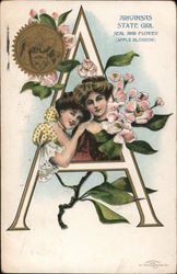 Arkansas State Girl Seal and Flower (Apple Blossom) State Girls Postcard Postcard Postcard