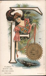 Florida State Girl Seal and Flower Palm Leaf Postcard