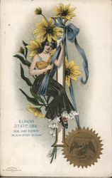 Illinois State Girl Seal And Flower (Black-Eyed Susan) Postcard