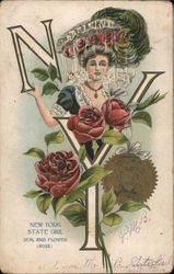 New York State Girl Seal and Flower (Rose) Postcard