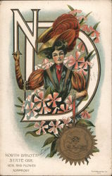 North Dakota State Girl - Seal and Flower (Soapwort) Postcard